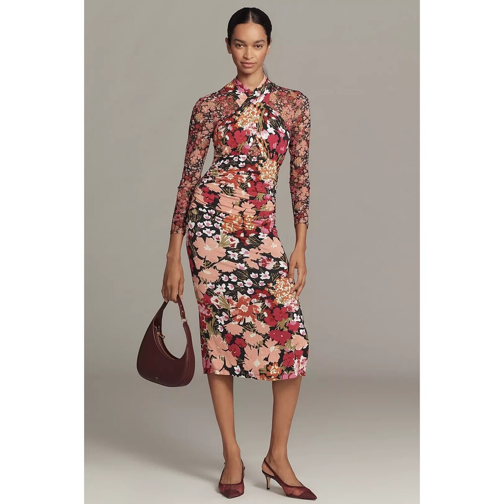 NWT Anthropologie Long-Sleeve Halter Mesh Midi Dress S Floral Pink Small